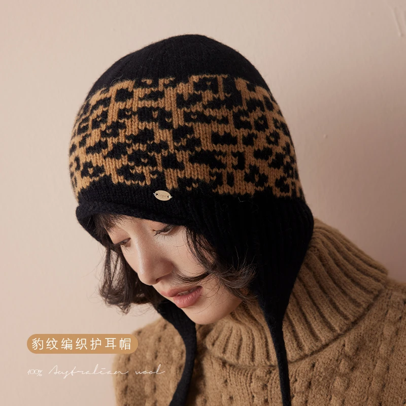 Lagur黑豹纹保暖100%羊毛帽子秋冬冬季护耳毛线帽针织礼物红色
