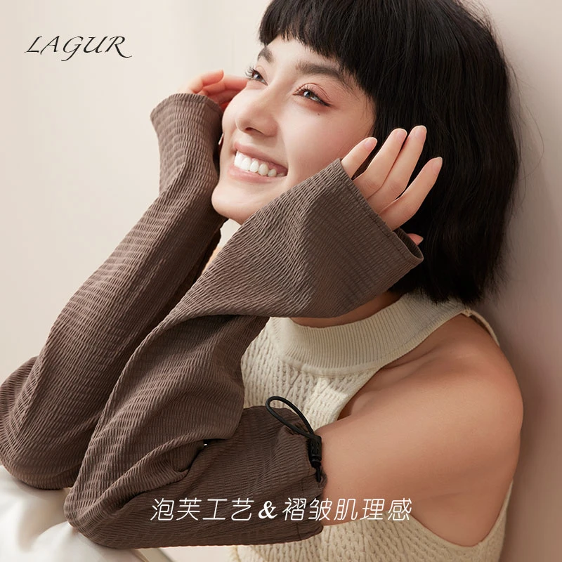 泡芙咖色！加大码宽松防晒冰袖褶皱手袖夏女防紫外线遮阳礼物