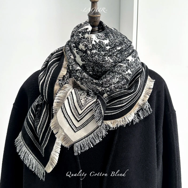 D*奢品-双面丛林动物极简风大方巾围巾女冬季黑白办公室披肩礼物