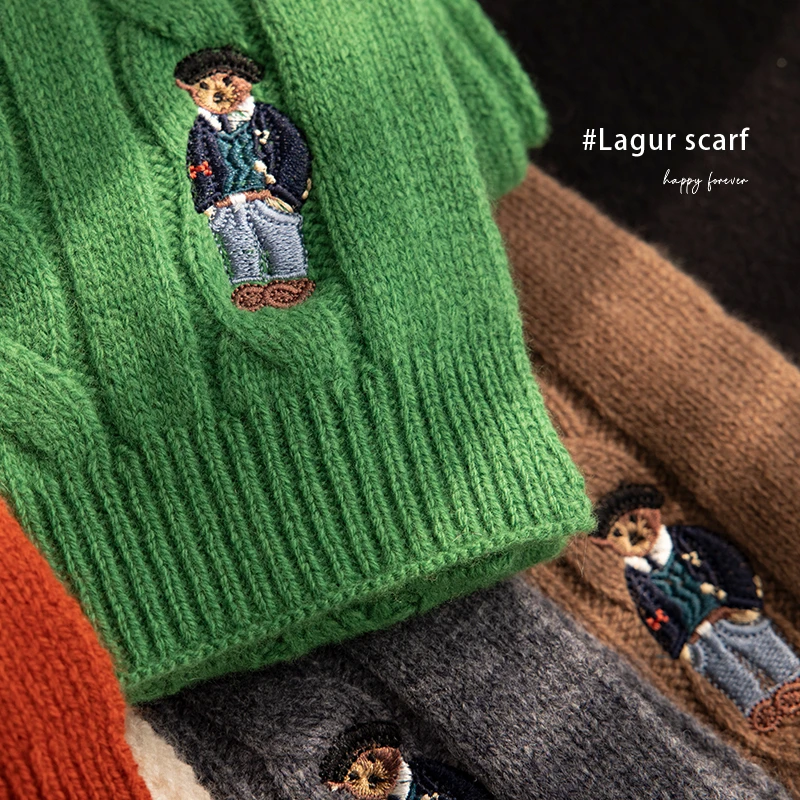 100%羊毛！经典麻花英伦复古保暖围巾冬季绞花刺绣小熊围脖毛茸茸