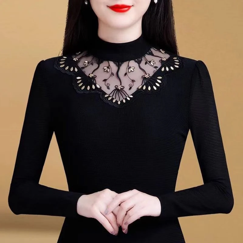黑色网纱打底衫长袖女春秋新款时尚洋气小衫加绒加厚蕾丝内搭上衣