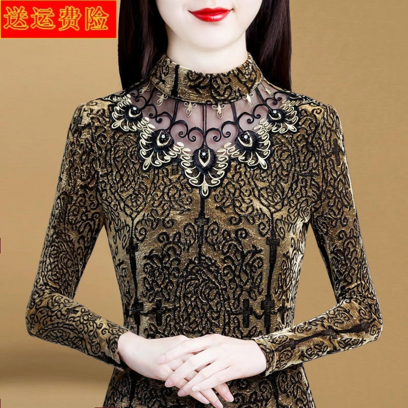 时尚洋气半高领蕾丝打底衫女长袖加绒加厚2025年春秋新款保暖上衣