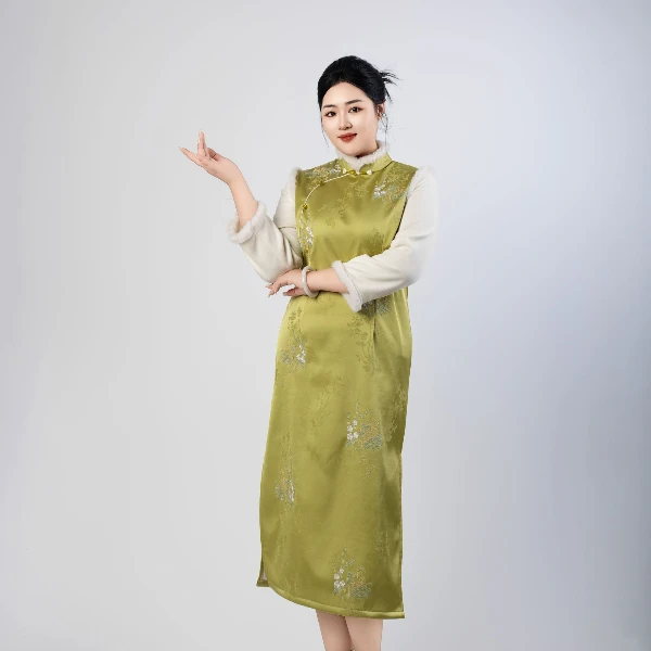 微瑕不褪【青缇】N大码女装初冬新款复古显瘦提花立领旗袍连衣裙