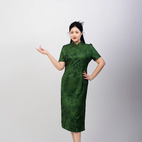 【碧玉】.大码女装春夏复古显瘦印花立领旗袍连衣裙9061