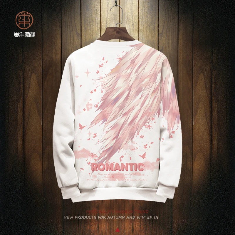 圆领卫衣男士春季ins潮牌小众设计感翅膀印花长袖T恤薄款大码外套