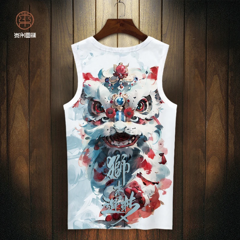 国潮复古醒狮印花冰丝背心男青少年百搭无袖T恤潮流青年大码坎肩
