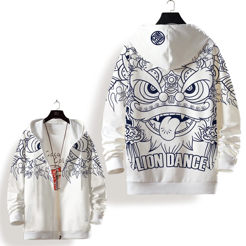 醒狮印花卫衣男款连帽秋冬季开衫外套中国风休闲运动加绒加厚衣服