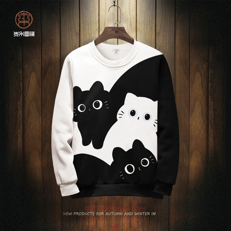 猫咪印花卫衣外套男oversize冬季新款青少年加绒加厚圆领长袖T恤