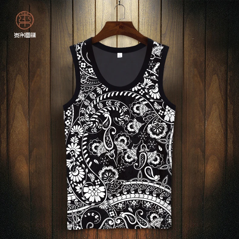 夏季冰丝速干腰果花无袖T恤男士背心2025新款运动宽肩砍袖欧美风