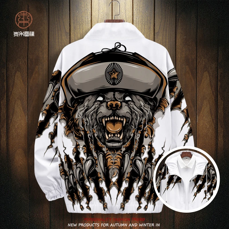 狗熊印花夹克外套男秋春季新款翻领茄克oversize休闲运动潮牌上衣