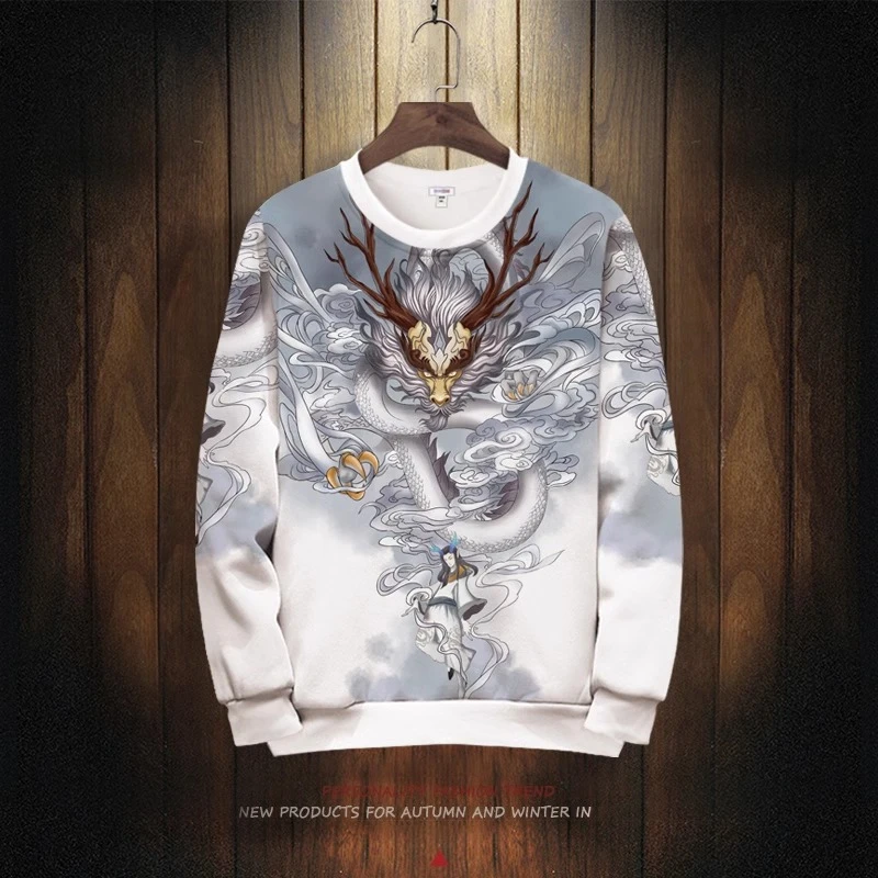 春季龙印花中国风卫衣外套男oversize设计感小众薄款长袖T恤圆领