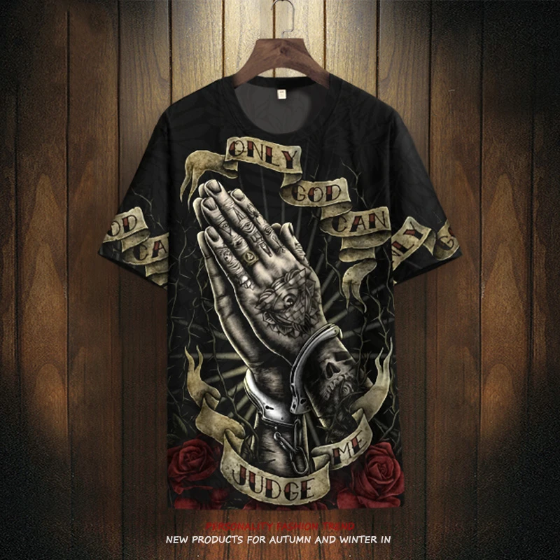 夏季男士短袖祈祷之手T恤冰丝速干印花半袖大码加肥运动百搭体恤