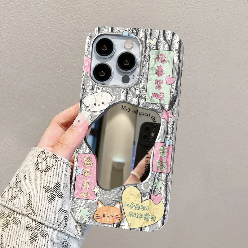 适用于【苹果/华为/OPPO/VIVO/小米】文字小猫少女心岩石镜面手机壳