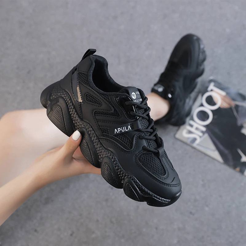 黑色老爹鞋女网面透气显脚小运动鞋不累脚防滑软底厨房上班工作鞋