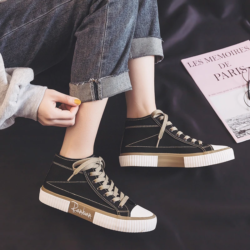 人本高帮帆布鞋女2024年春季新款港风ins泫雅风春秋学生饼干板鞋