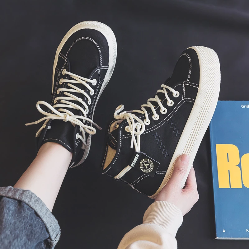 人本高帮帆布鞋女2024春季新款黑色休闲ins潮鞋圆头系带平底板鞋