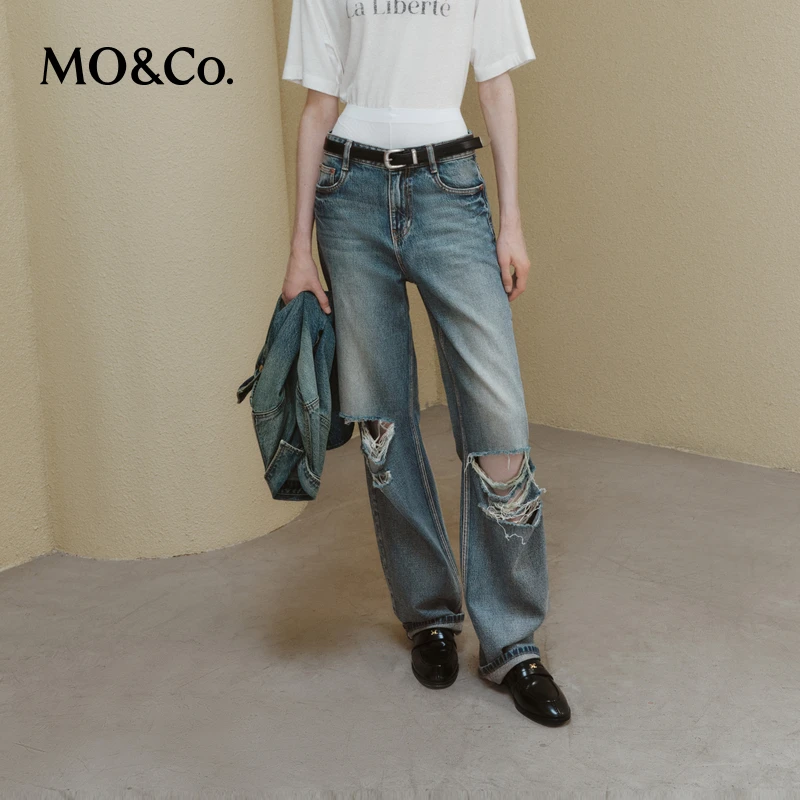 MOCO秋手工剪口烂洞磨白高腰直筒棉质牛仔裤MBD3JEN021
