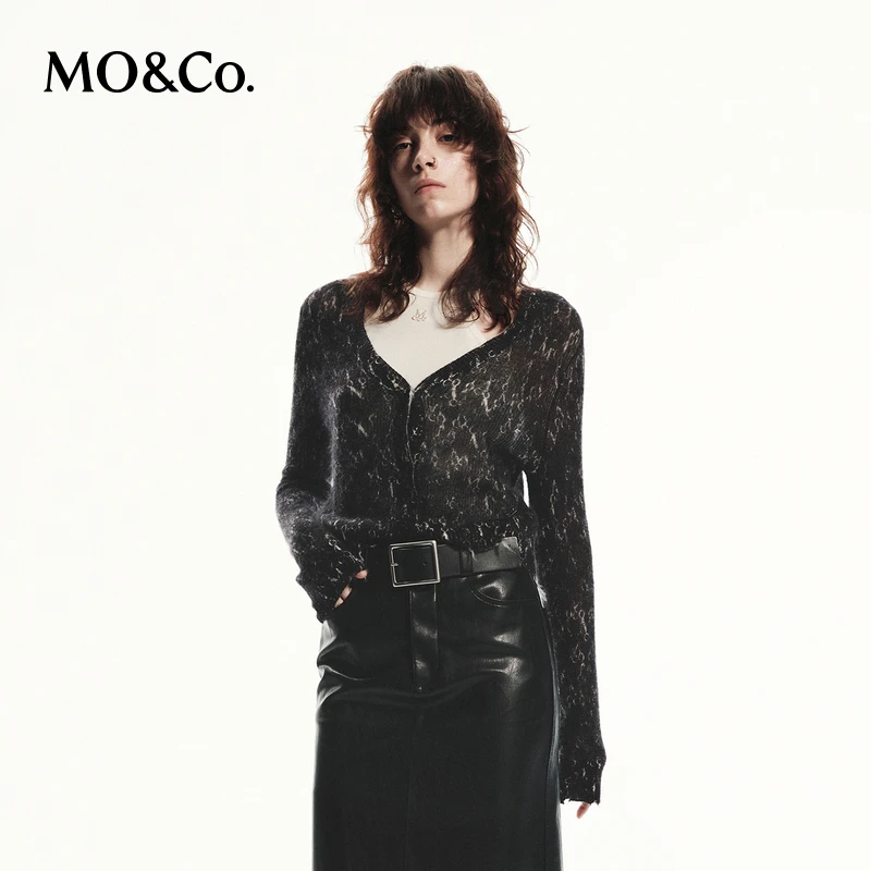 MOCO秋绵羊毛马海毛混纺老花烂边针织衫开衫MBD3CAR033