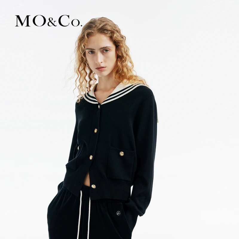 MOCO春重工挂毛海军领绵羊毛混纺毛衣针织开衫MBD1CAR024