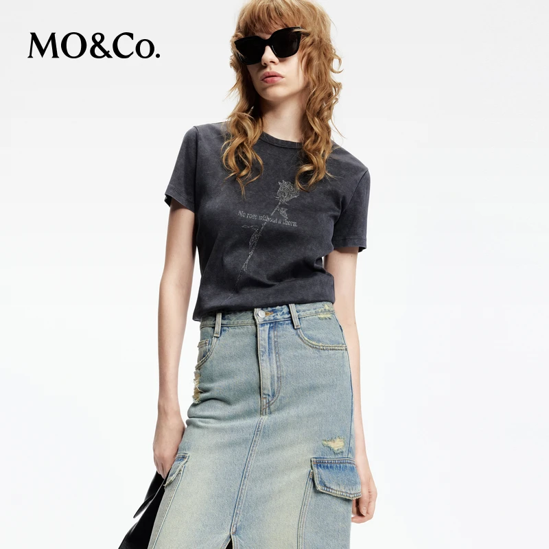 MOCO春季高光闪粉玫瑰剪影短袖脏染酵洗棉质T恤MBD1TEEK08