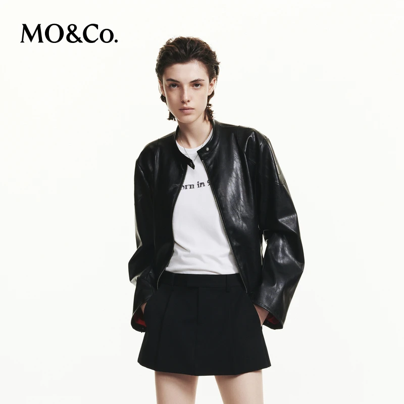 MOCO秋PU素皮立领短款皮衣皮夹克外套MBD3JKTT12