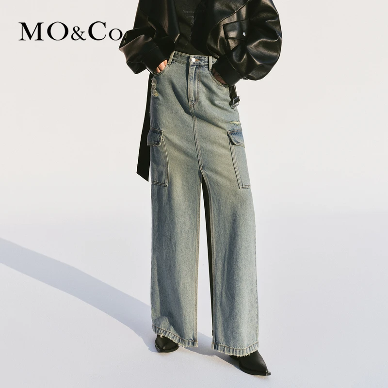 MOCO春做旧破洞拉须高腰开叉汉麻牛仔半身裙MBD1SKT023