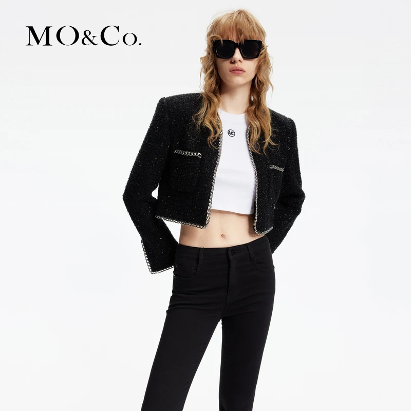 MOCO春重工金属嵌边细闪粗花呢垫肩短廓形外套MBD1COT008