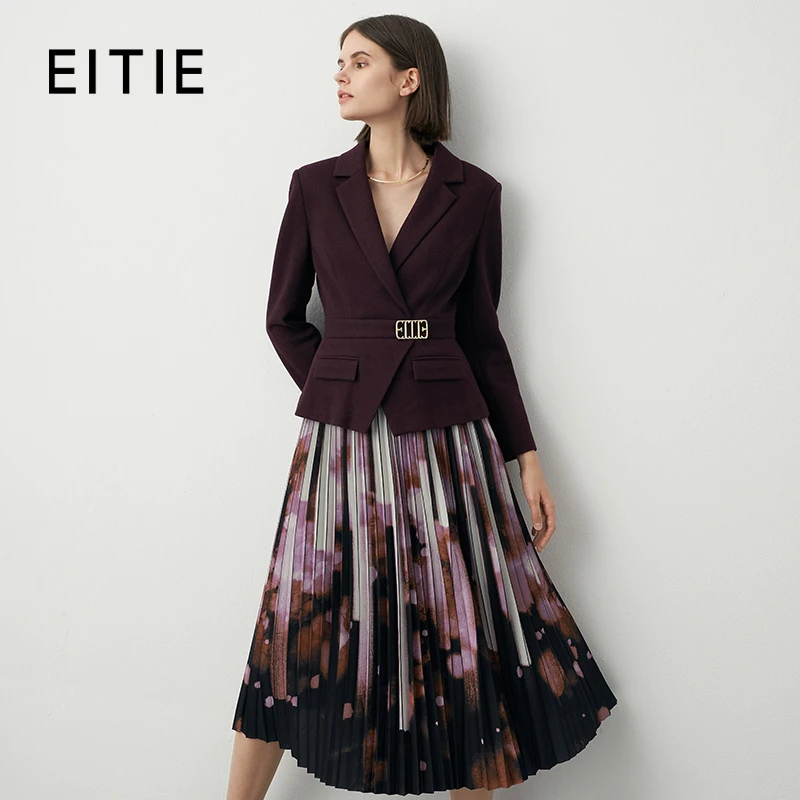 EITIE爱特爱冬季新款高腰修身拼接百褶裙摆假两件连衣裙7207931