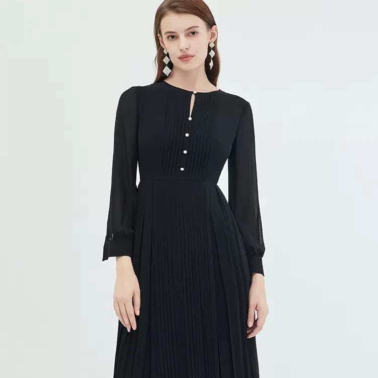 EITIE爱特爱法式优雅气质百褶黑色雪纺连衣裙23秋季新款C2307254