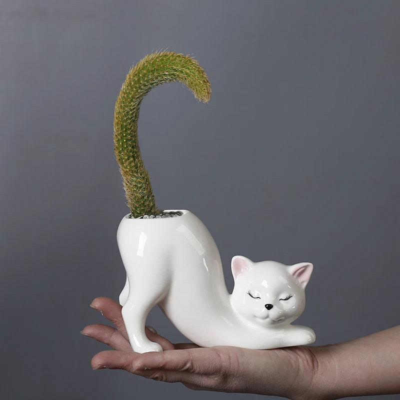 卡通可爱猫尾巴柱多肉花盆陶瓷室内阳台植物猴尾巴仙人掌花器小号