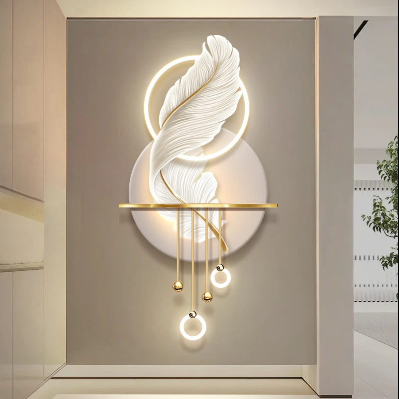 奶油风羽毛玄关装饰画轻奢过道走廊尽头立体高级感led发光壁灯画