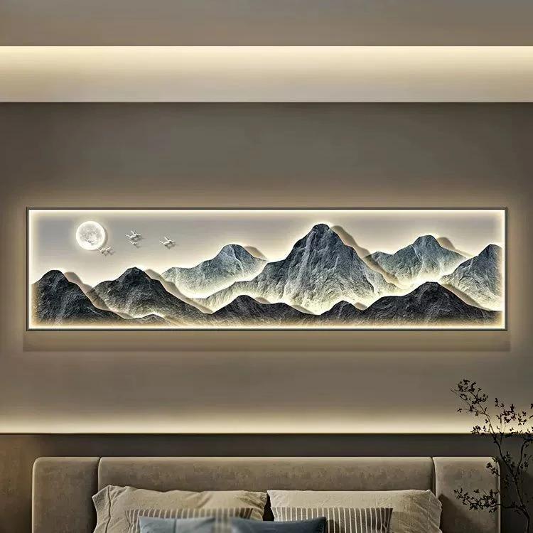 现代轻奢卧室装饰画背有靠山床头挂画山水画高级感主卧房间灯壁画