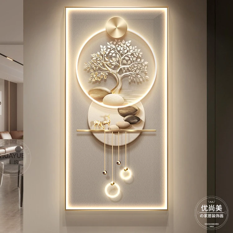 发财树玄关装饰画轻奢高档山水走廊过道挂画寓意好石来运转壁灯画