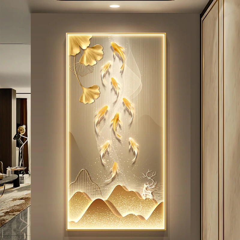 九鱼图高级感玄关装饰画高档轻奢走廊客厅推拉挂画大气寓意好壁画