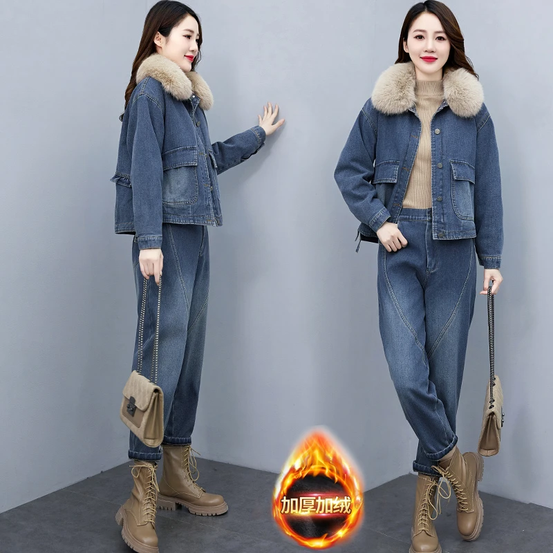 欧货牛仔套装女加绒加厚2024冬季新款休闲时尚工装棉衣棉服两件套