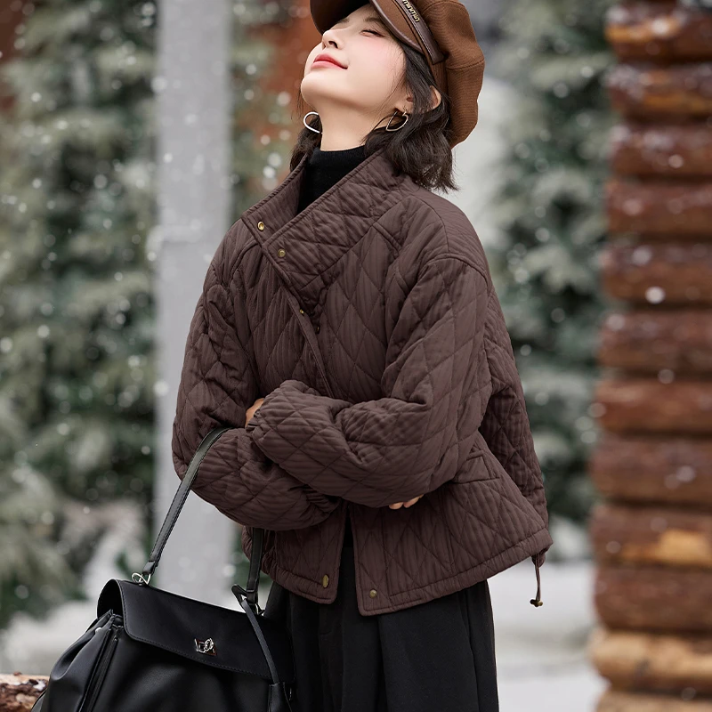 轻薄舒适夹棉小棉袄女2024冬季新款小个子宽松洋气菱格短棉衣棉服