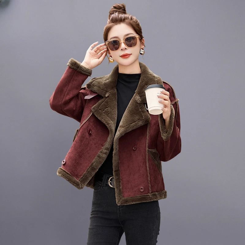 皮毛一体羊羔毛外套女冬2024新款鹿皮绒短款加绒加厚机车服夹克