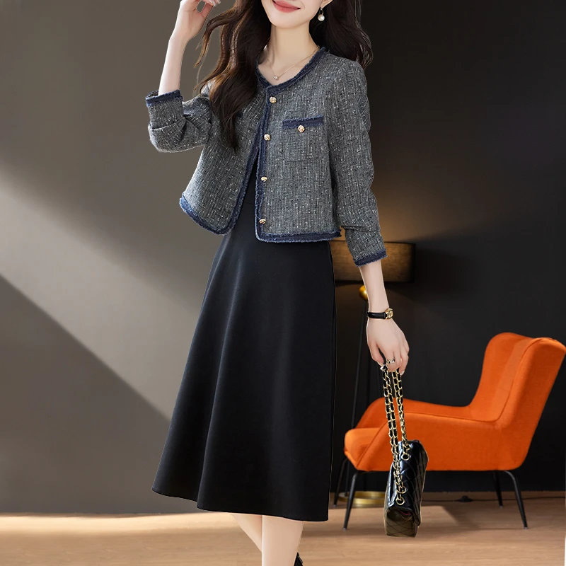 小香风时尚套装女春秋2024新款时尚洋气减龄黑色连衣裙两件套外套