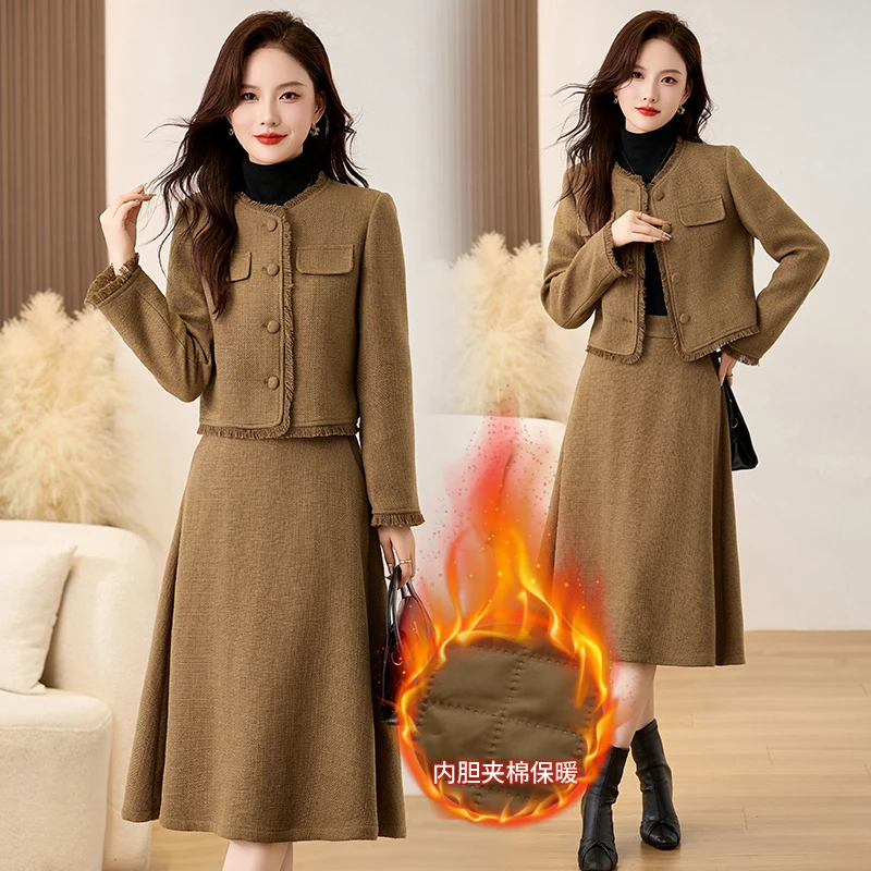 时尚夹棉毛呢套装裙子秋冬新款女小香风加厚呢子外套半身裙两件套