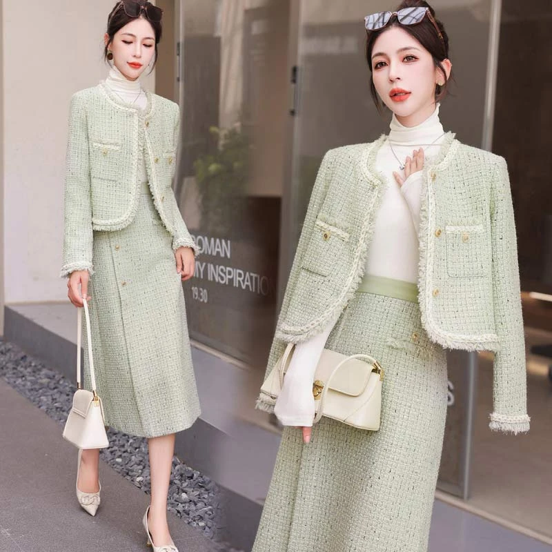 端庄大气女装套装秋款2024小香风时尚洋气轻奢外套半身裙两件套