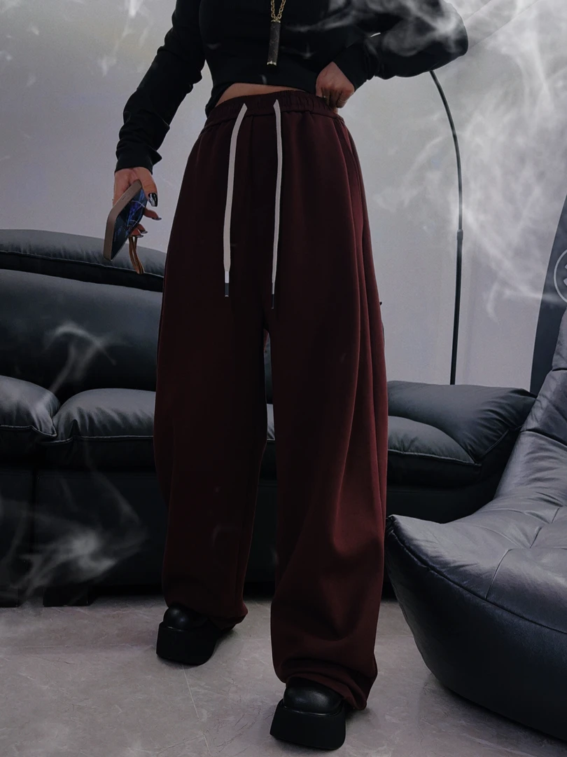 2025秋冬时尚潮流小众百搭阔腿宽松高街明线弯刀卫裤