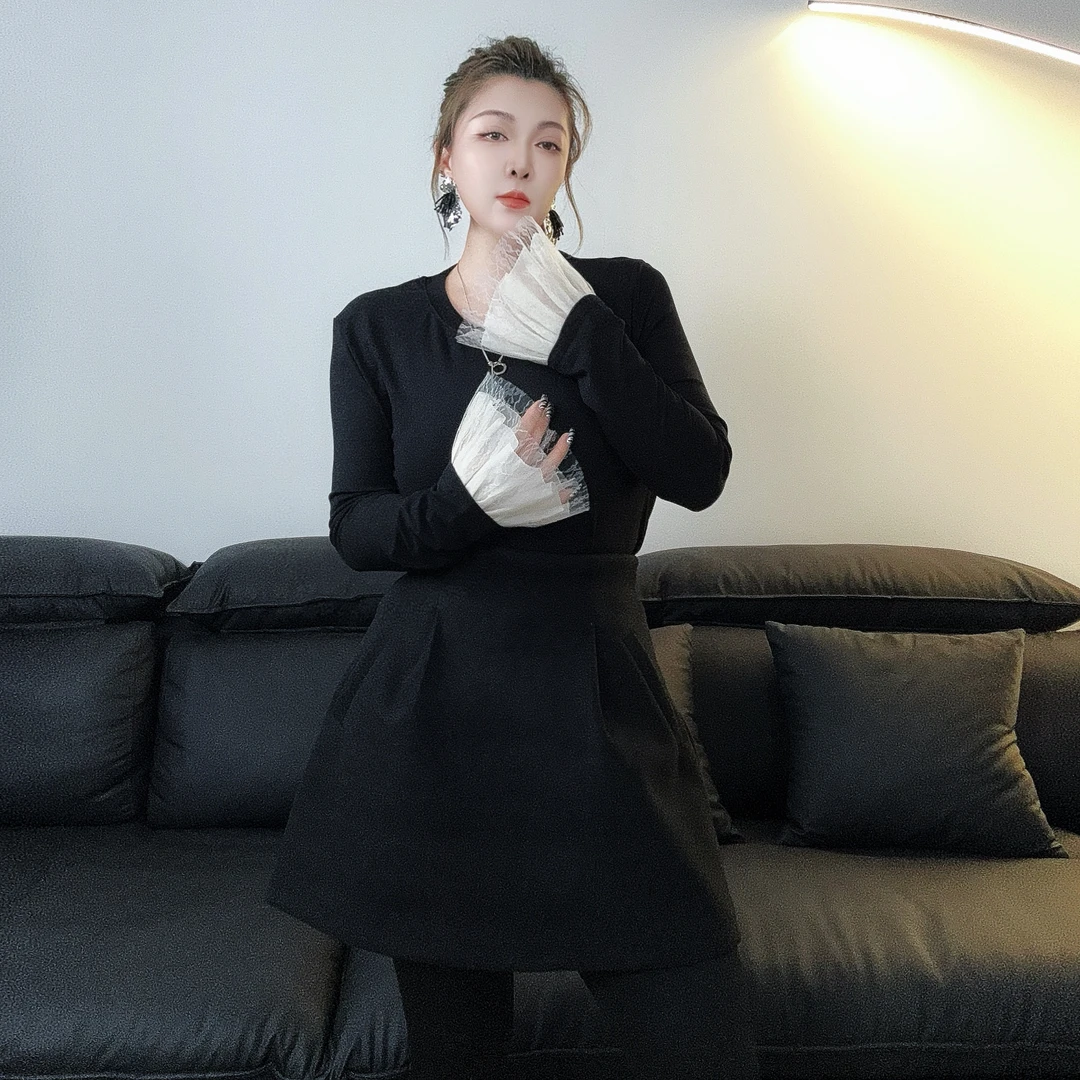 欧货蕾丝花边显瘦修身打底衫