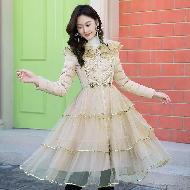 珠花恋公主风女羽绒服中长款2024新款高级感大码胖mm显瘦连帽外套