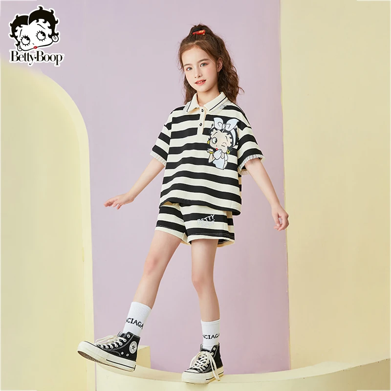 贝蒂女童运动套装2025新款童装儿童大童黑白条纹短袖两件套11822