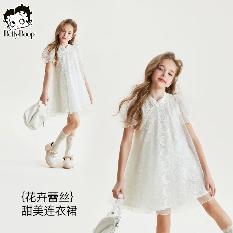 贝蒂女童夏季新中式泡泡袖连衣裙2025儿童国风蕾丝公主裙子24257