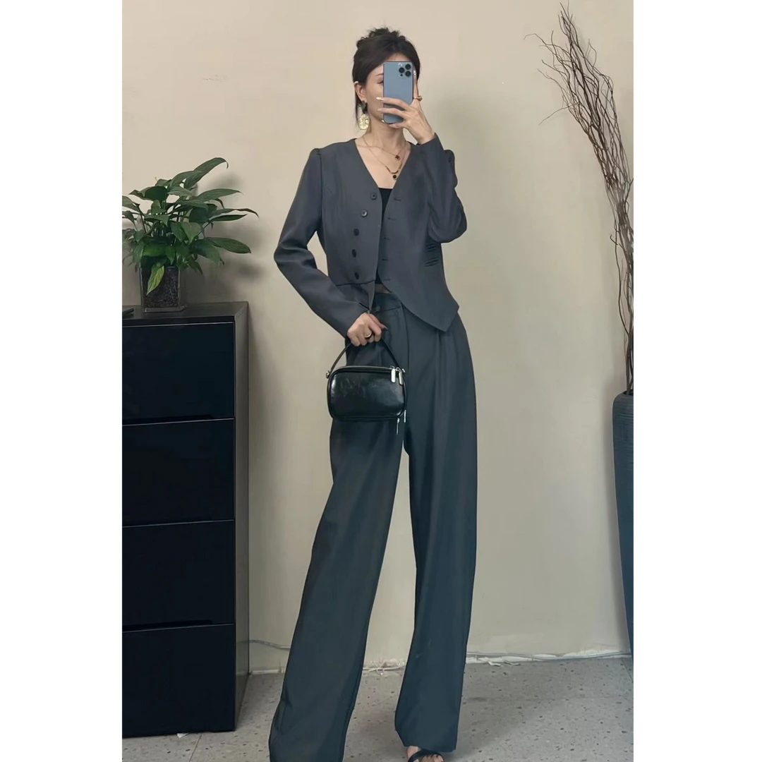 (大紫女装)秋季新款高级感时尚气质百搭通勤外套阔腿裤两件套女