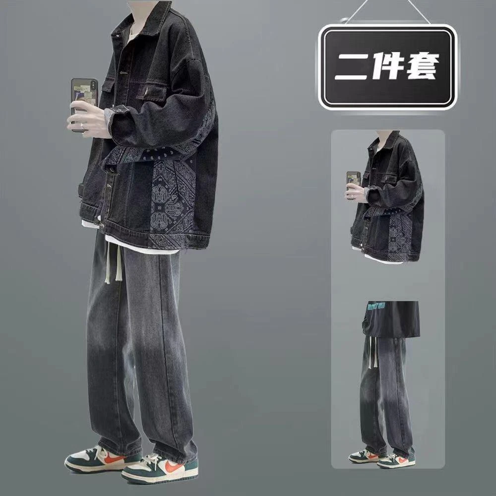 春秋季拼接牛仔外套男套装休闲夹克港风学生痞帅男装搭配一套帅气