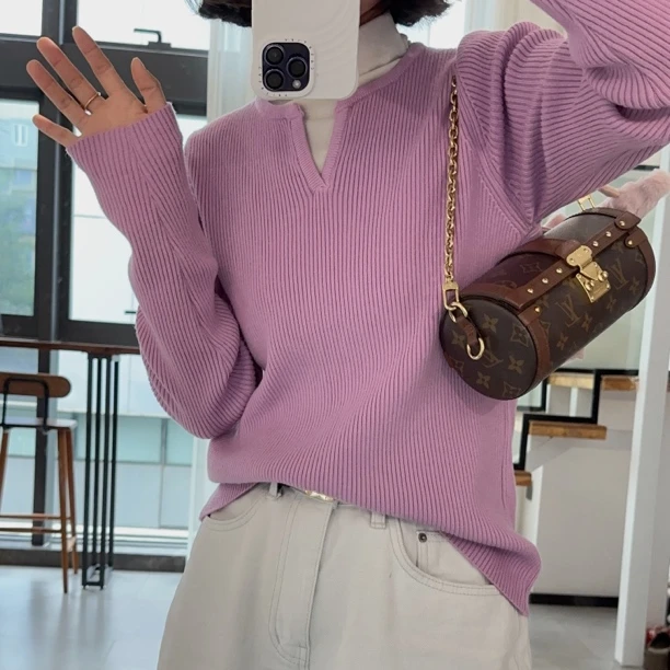 CHA MA GO DO08023|V领极简长袖纯色休闲百搭韩版秋冬细坑条毛衣