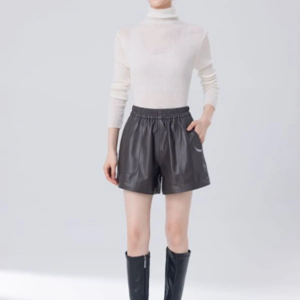 真皮皮短裤宽松阔腿a字显瘦高腰松紧时尚皮短裤