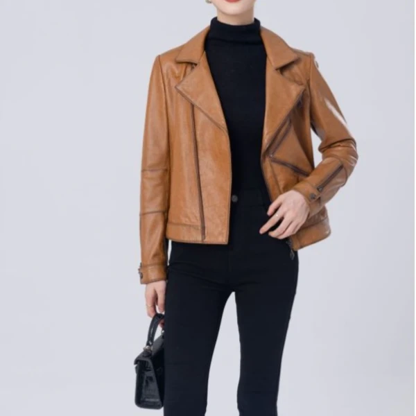 海宁真皮小皮衣女短款真皮绵羊皮机车2023秋冬新款百搭修身夹克